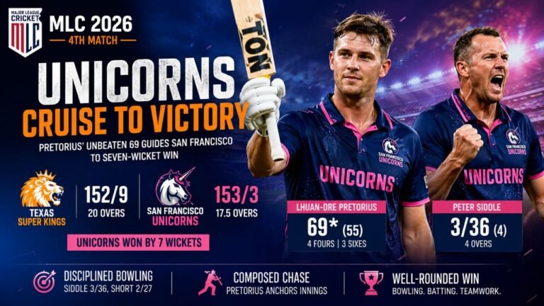 San Francisco Unicorns Cruise Past Texas Super Kings as Pretorius and Siddle Shine in MLC 2026